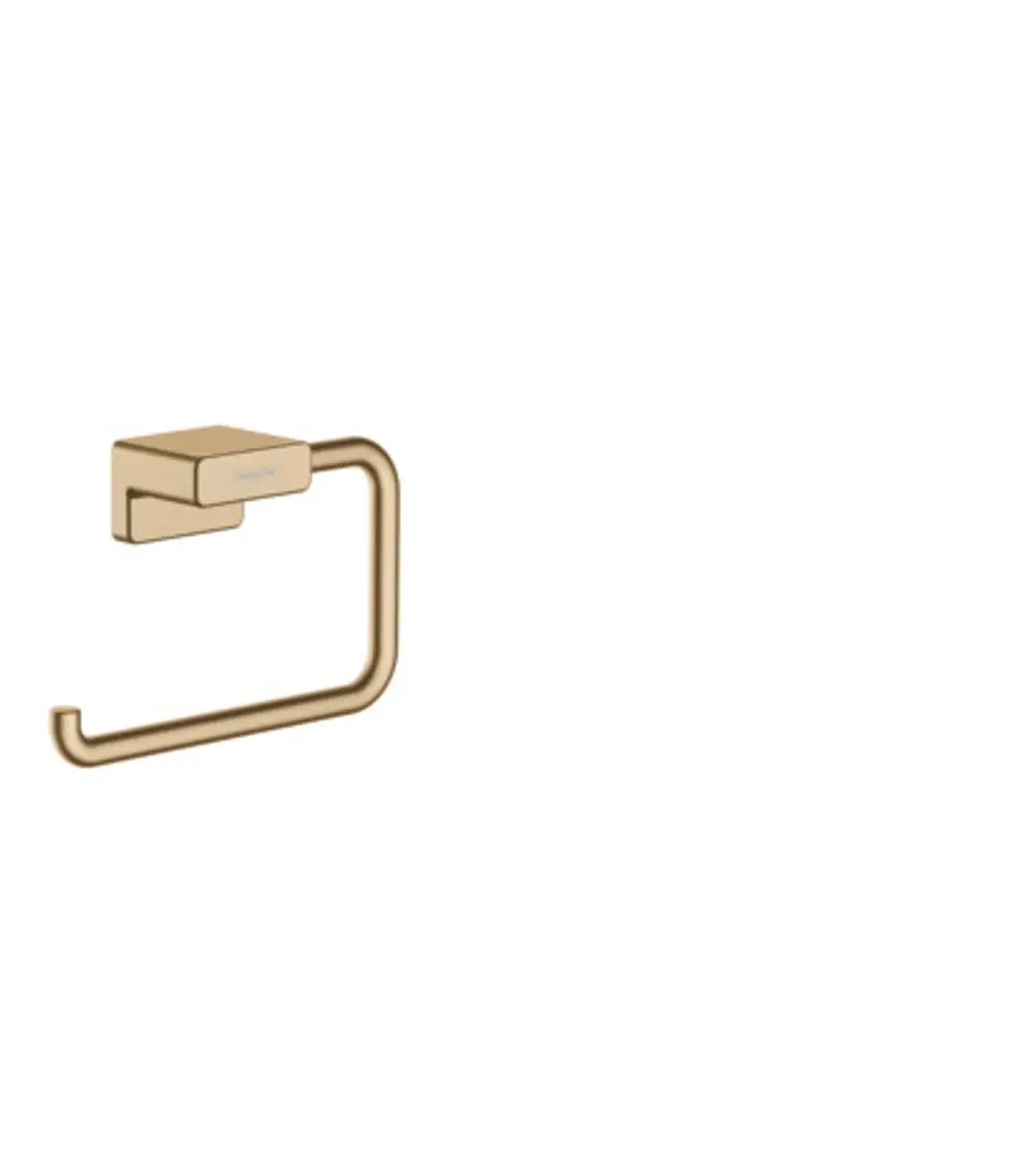 Hansgrohe Toilettenpapierhalter in Brushed Bronze, mit einem minimalistischen Design und einer quadratischen Wandhalterung, montiert an einer hellen Wand.